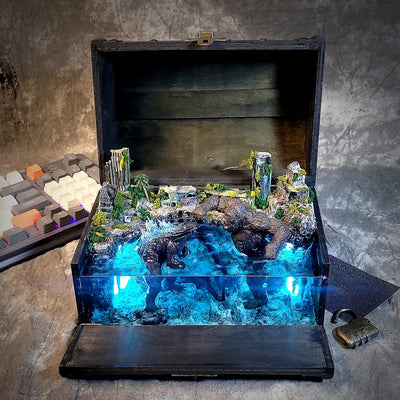 Godzilla vs Kong Monsters Battle Beach Abandoned City Diorama Treasure Mistery Box Gift Epoxy Resin, Night Light