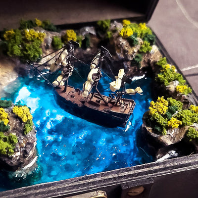 Pirate Ship Island's Beach Diorama Treasure Mistery Box Gift Epoxy Resin, Night Light