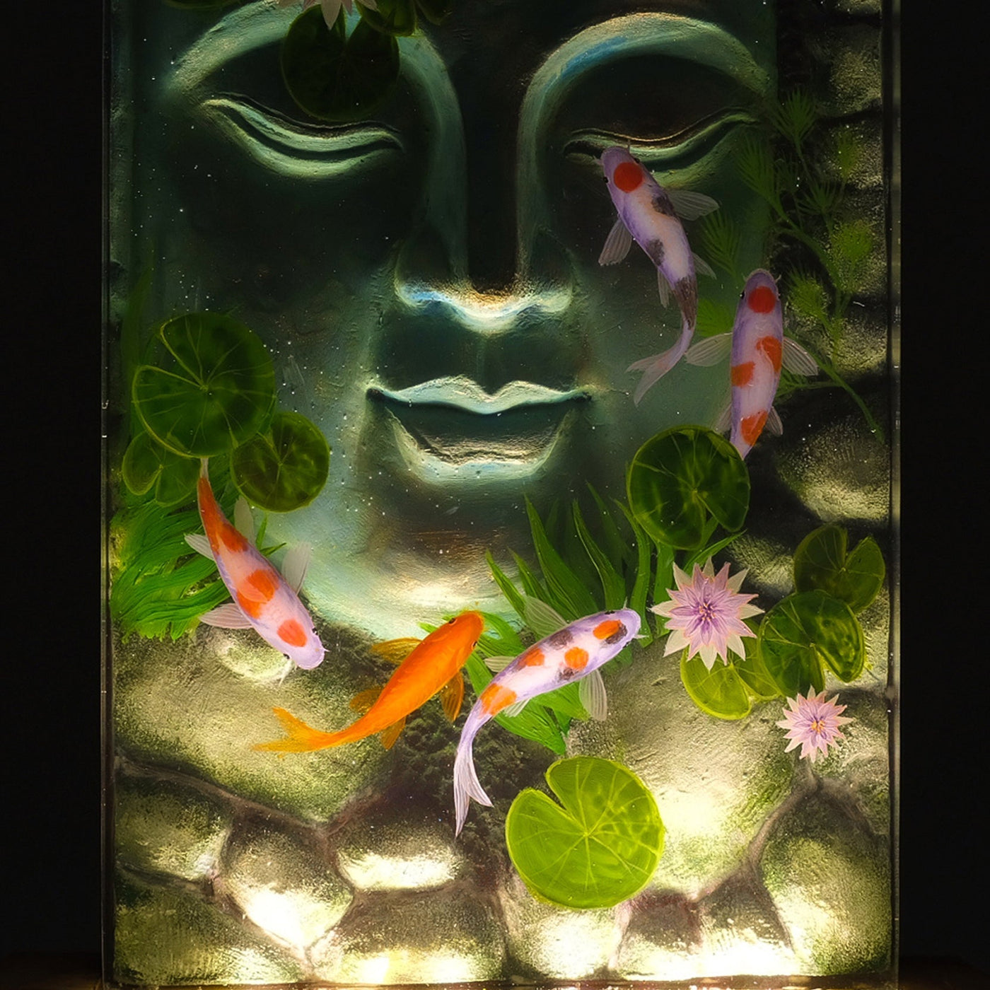 Buddha Sculpture Embodies With Koi Fish And Water Lily 3D Painting - High Quality Epoxy Resin Lamp