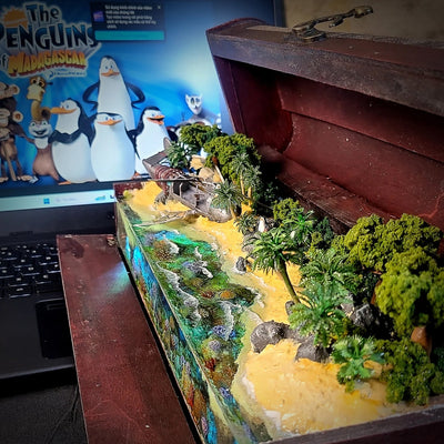 The Penguins of Madagascar Airplane Crash Beach Diorama Treasure Mistery Box Gift Epoxy Resin, Night Light