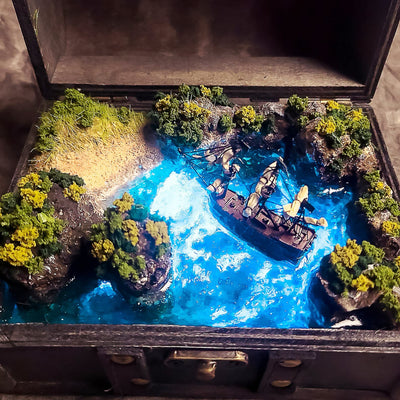 Pirate Ship Island's Beach Diorama Treasure Mistery Box Gift Epoxy Resin, Night Light