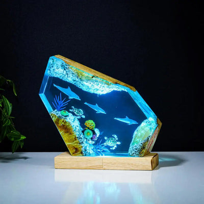 Dolphins and Turtles Undersea Ocean Diorama Epoxy Resin Lamp, Night Light