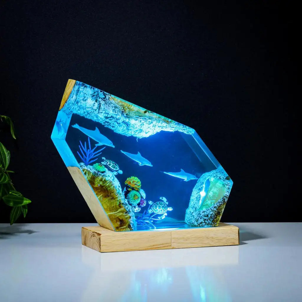 Dolphins and Turtles Undersea Ocean Diorama Epoxy Resin Lamp, Night Light