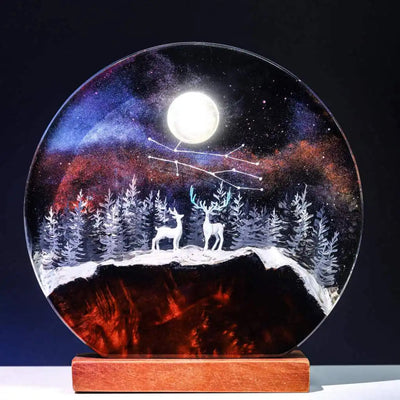 Deer In Enchanted Forest Theme Diorama Epoxy Resin Lamp, Night Light