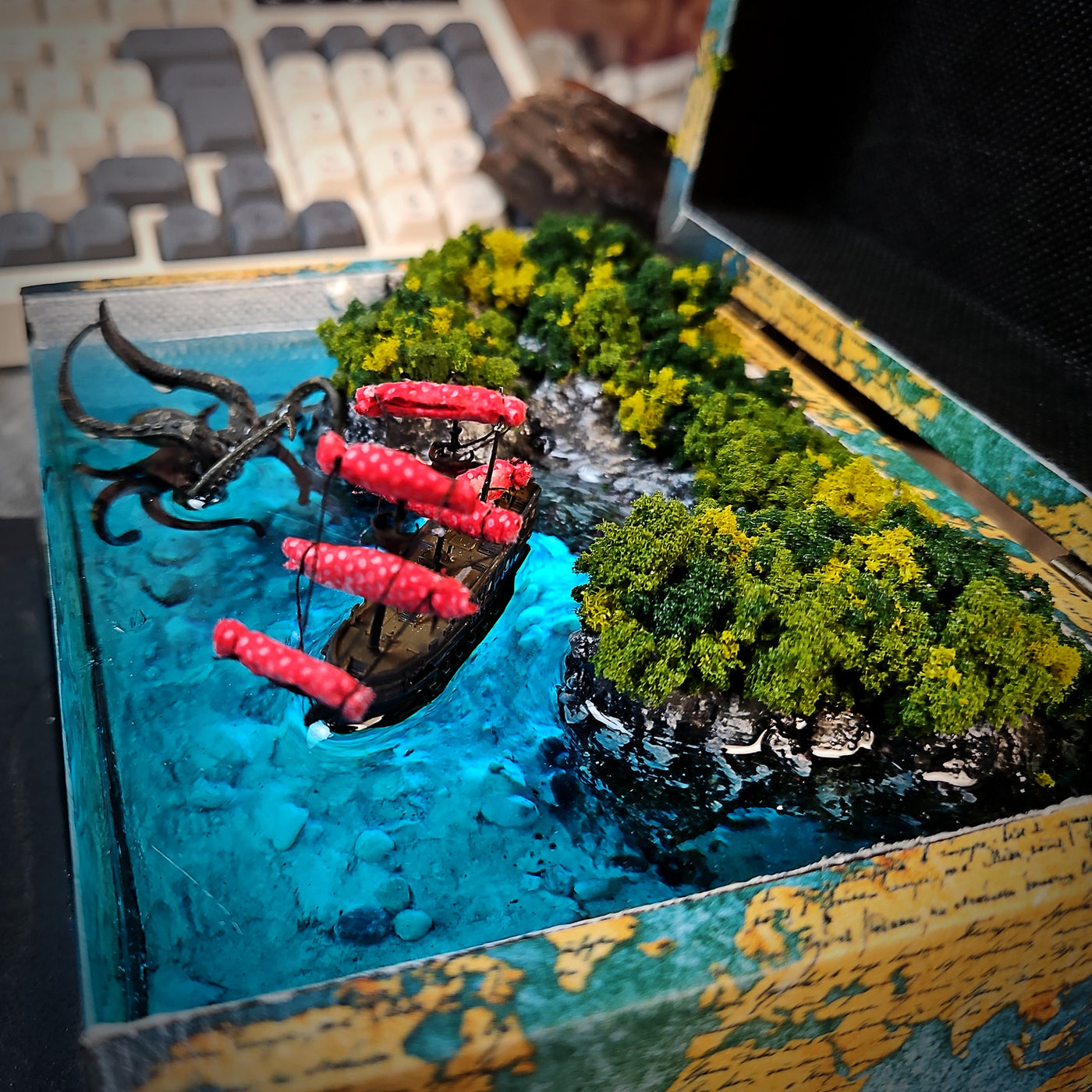 Kraken in the Sea Beach Ship Diorama Treasure Mistery Box Gift Epoxy Resin, Night Light