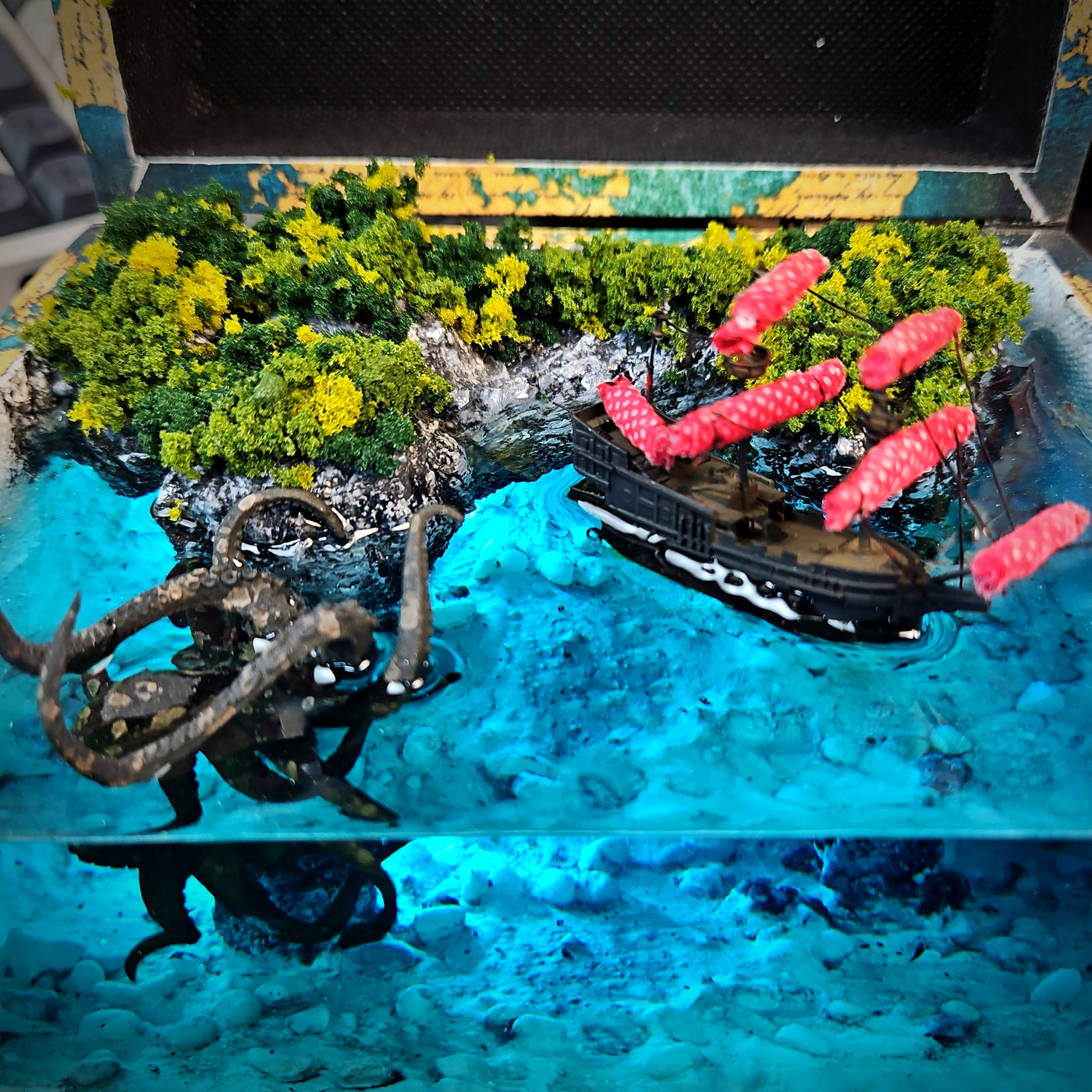 Kraken in the Sea Beach Ship Diorama Treasure Mistery Box Gift Epoxy Resin, Night Light