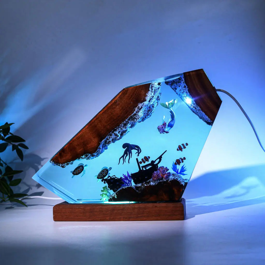 Octopus Turtles Mermaid Jellyfish Shipwreck Undersea Ocean Diorama Epoxy Resin Lamp, Night Light