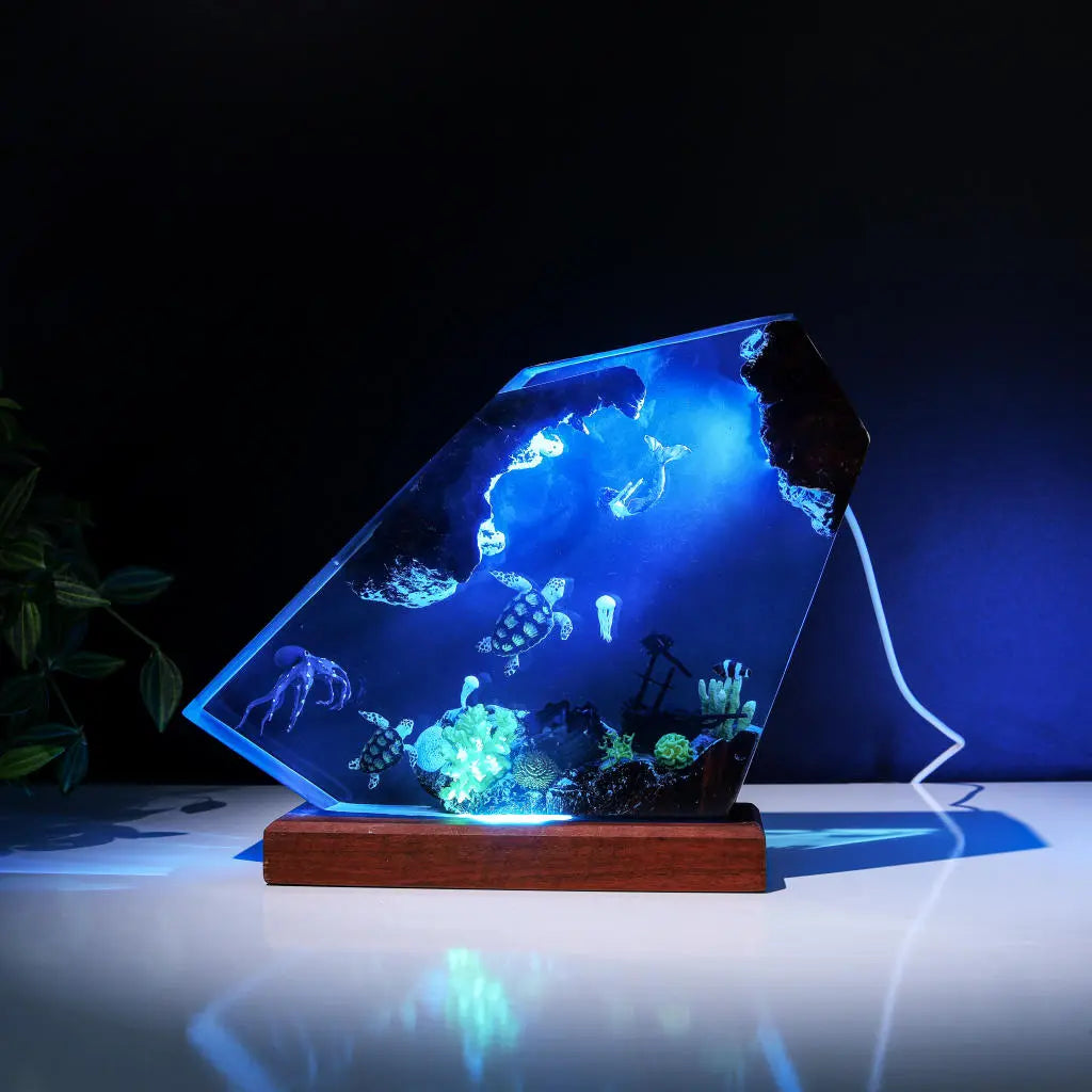 Octopus Turtles Mermaid Jellyfish Shipwreck Undersea Ocean Diorama Epoxy Resin Lamp, Night Light