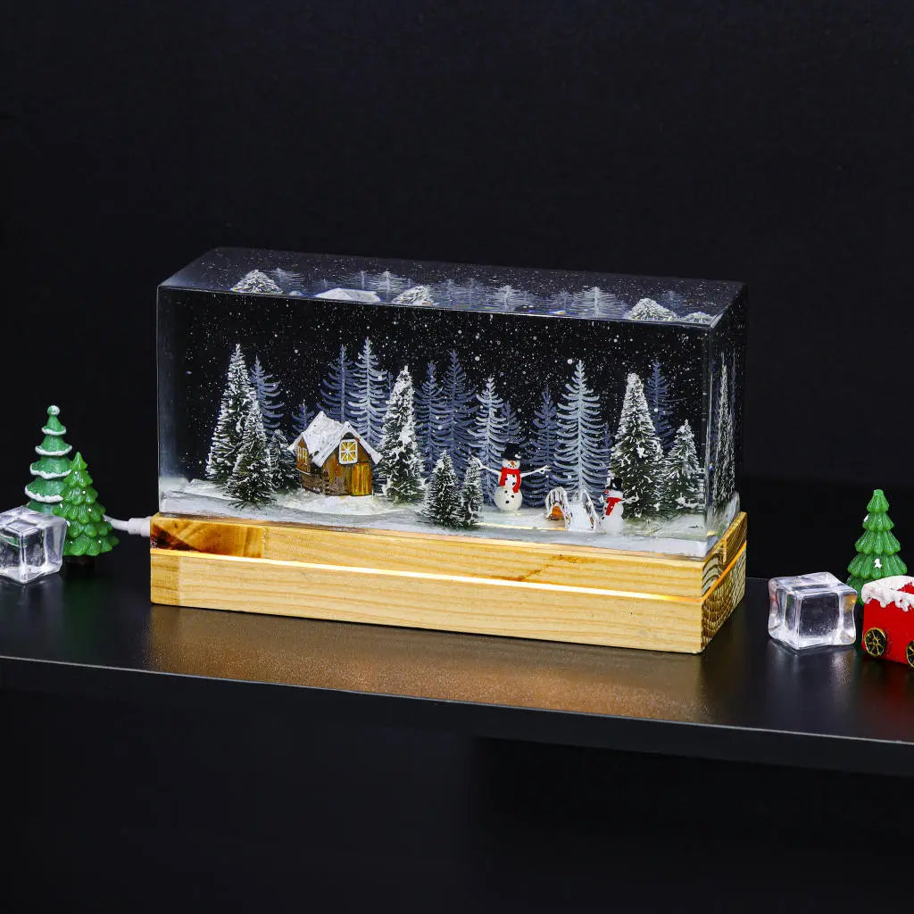 Snowman Winter House Epoxy Resin Lamp, Night Light