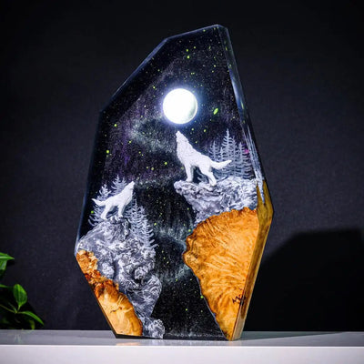 White Wolfs Howling At The Moon Aurora Borealis Epoxy Resin Lamp, Night Light