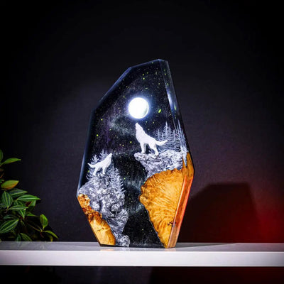 White Wolfs Howling At The Moon Aurora Borealis Epoxy Resin Lamp, Night Light