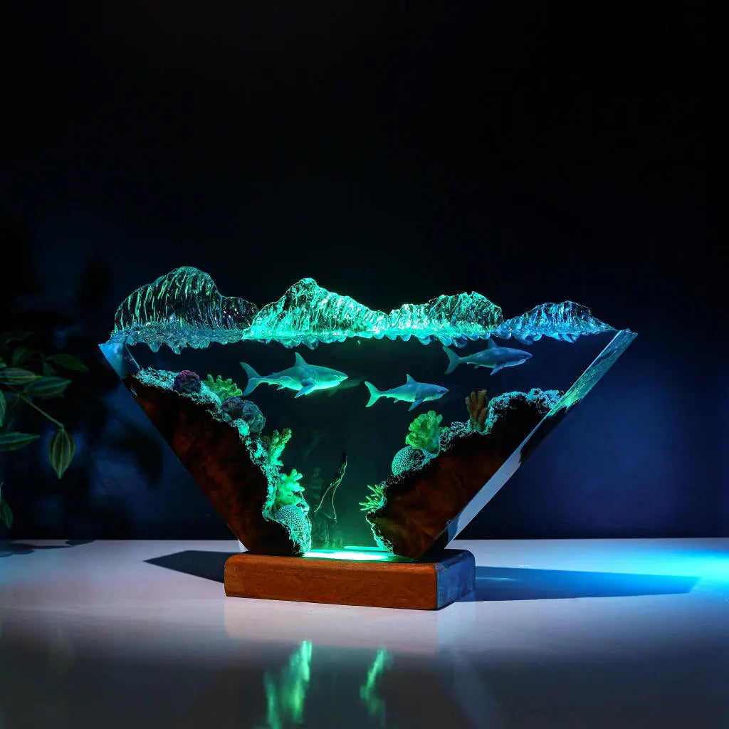 White Shark & Diver Ocean Undersea Theme Diorama Epoxy Resin Lamp, Night Light