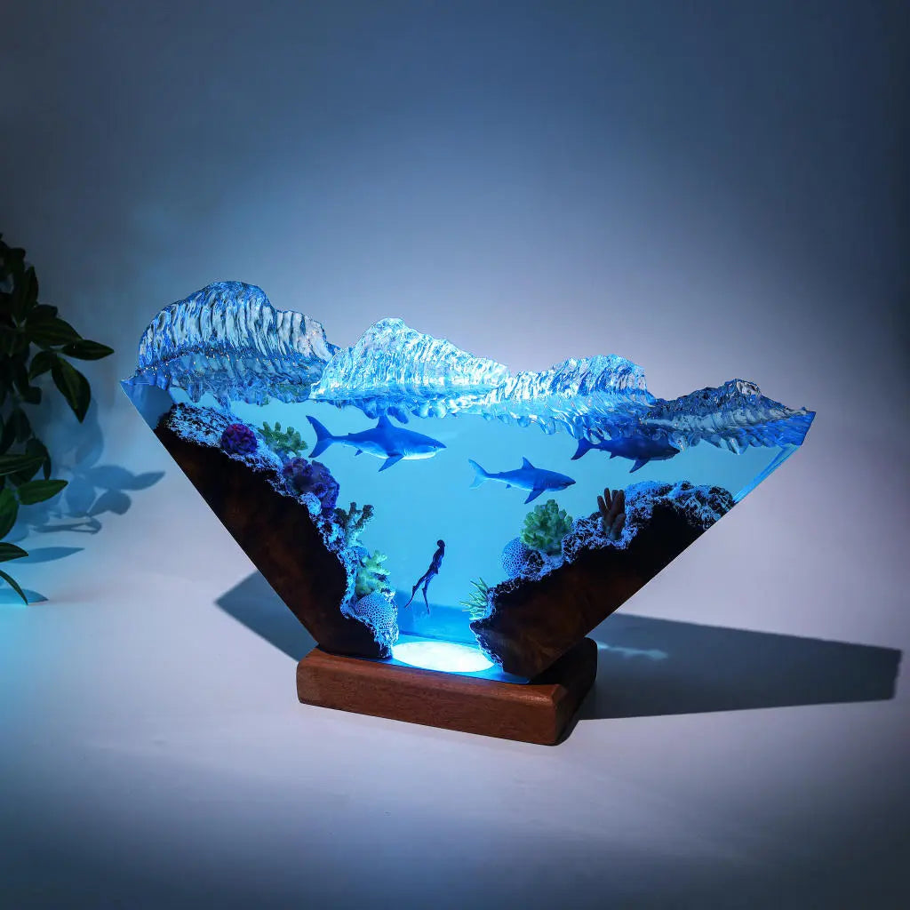 White Shark & Diver Ocean Undersea Theme Diorama Epoxy Resin Lamp, Night Light