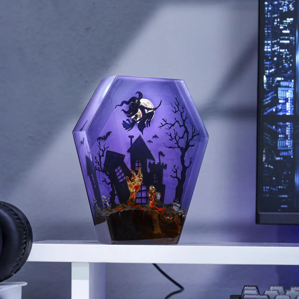 Witch Ride Broom Halloween Theme Epoxy Resin Lamp, Night Light