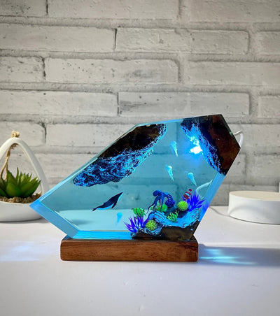 Humpback Whale Octopus Jellyfish Undersea Ocean Diorama Epoxy Resin Lamp, Night Light