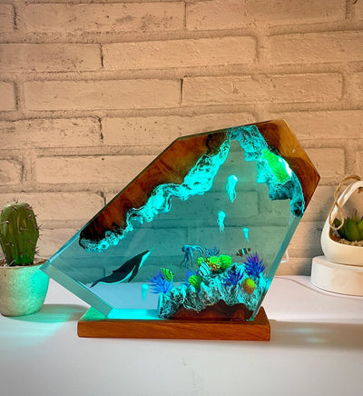 Humpback Whale Octopus Jellyfish Undersea Ocean Diorama Epoxy Resin Lamp, Night Light