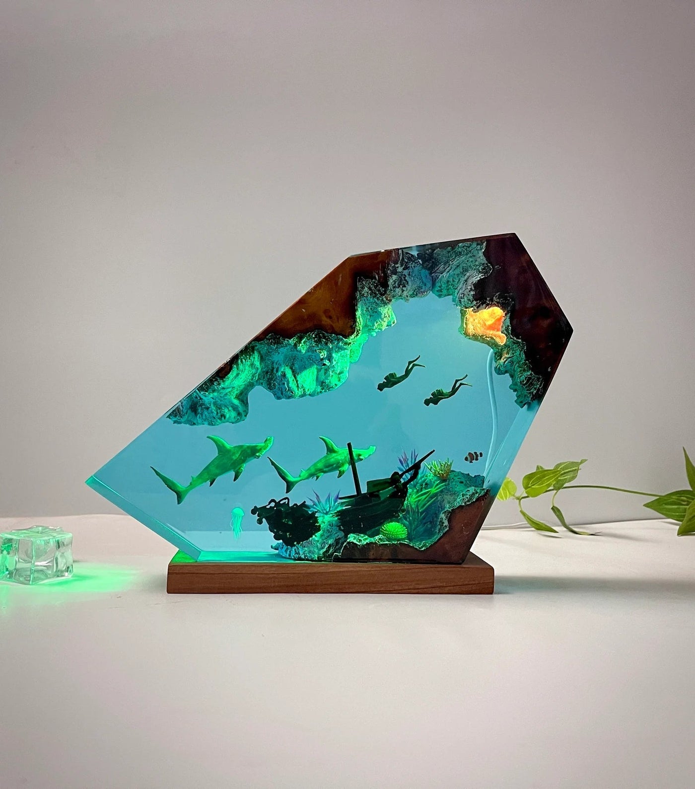 Hammerhead Sharks Diver Shipwreck Undersea Ocean Diorama Epoxy Resin Lamp, Night Light